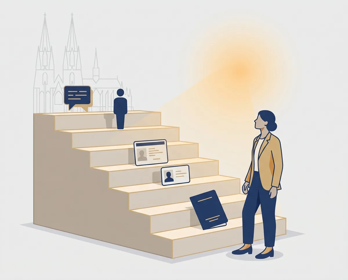 Illustration des Stufenmodells zur Identitätsklärung im Einbürgerungsverfahren – Person steigt symbolisch die 5 Stufen zur deutschen Staatsbürgerschaft hinauf, Köln im Hintergrund
