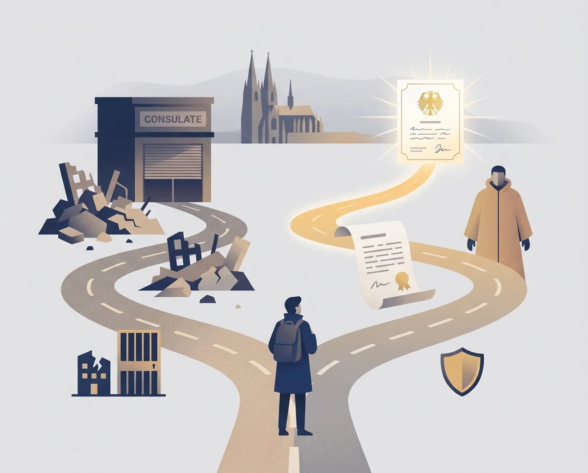 Illustration zur Passbeschaffungspflicht im Einbürgerungsverfahren – zwei Wege zeigen den Unterschied zwischen objektiv unmöglicher und subjektiv unzumutbarer Passbeschaffung, Köln im Hintergrund